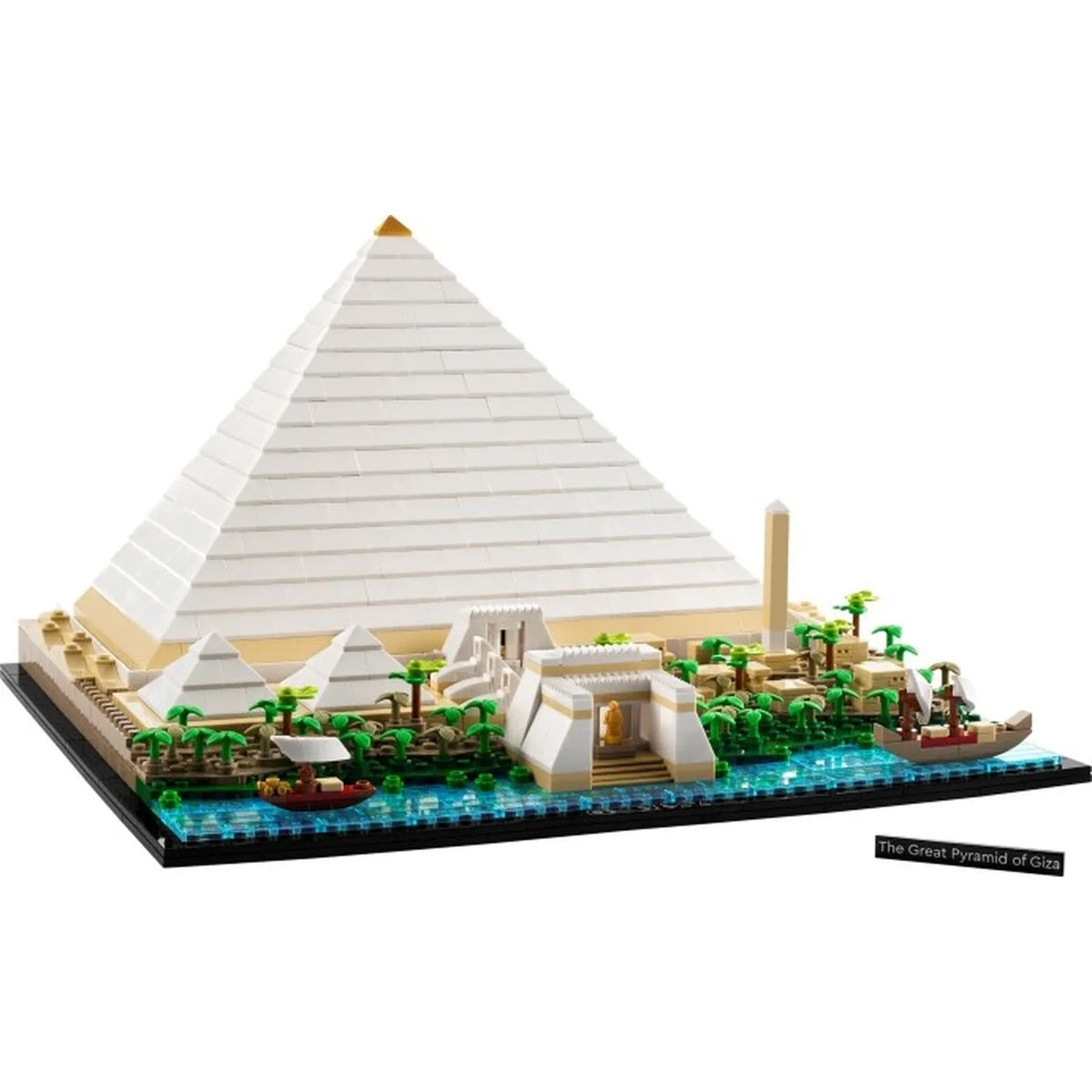 [built-white] LEGO model of the Great Pyramid of Giza with surrounding structures on a white background