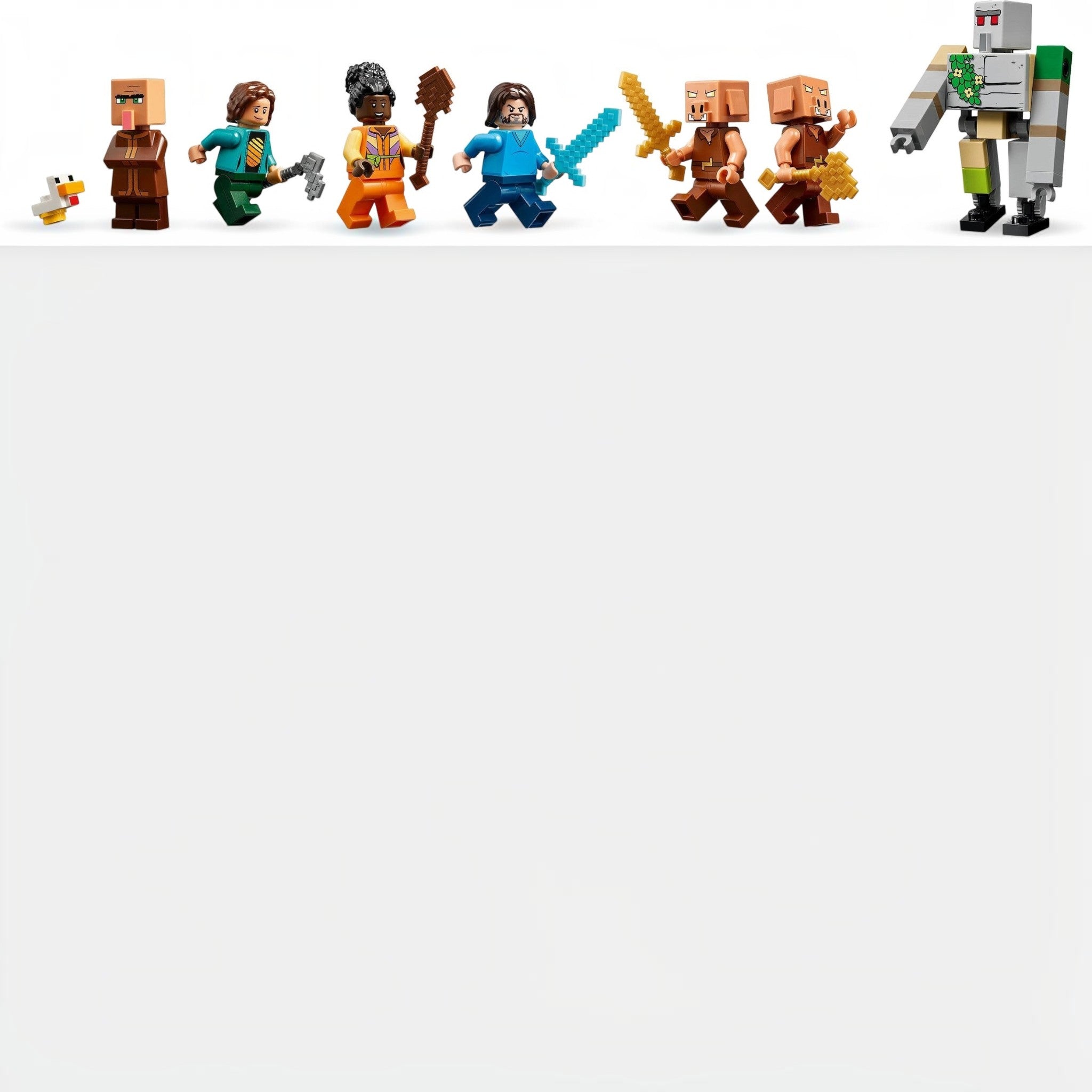 Row of Minecraft-themed action figures with various poses and outfits.