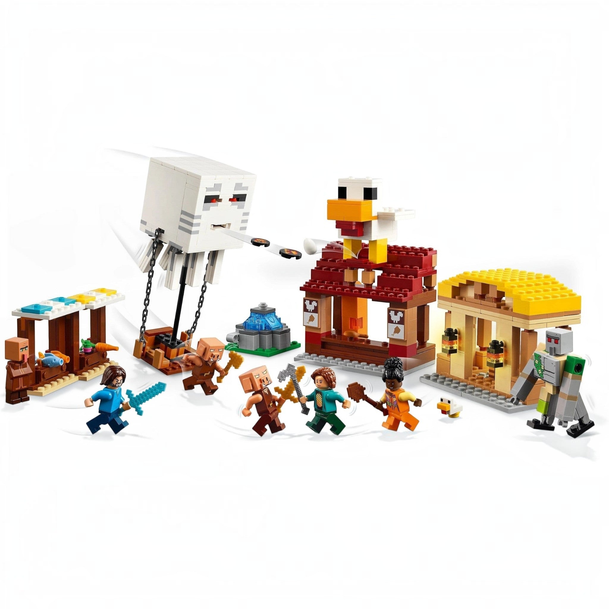 LEGO set with various characters and structures on a white background