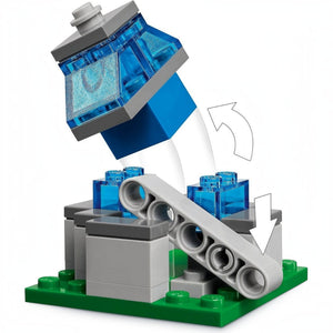 LEGO structure with blue and gray elements on a white background