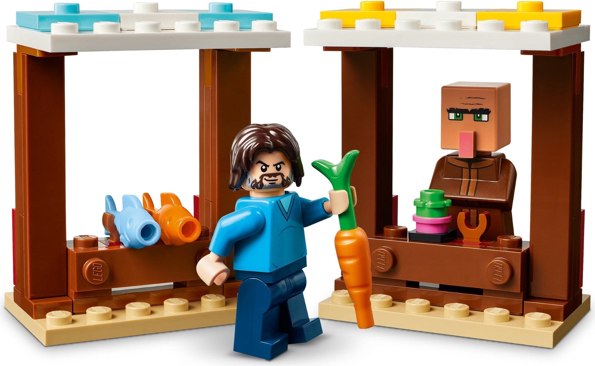 LEGO set with a character holding a carrot and another character inside a wooden structure.