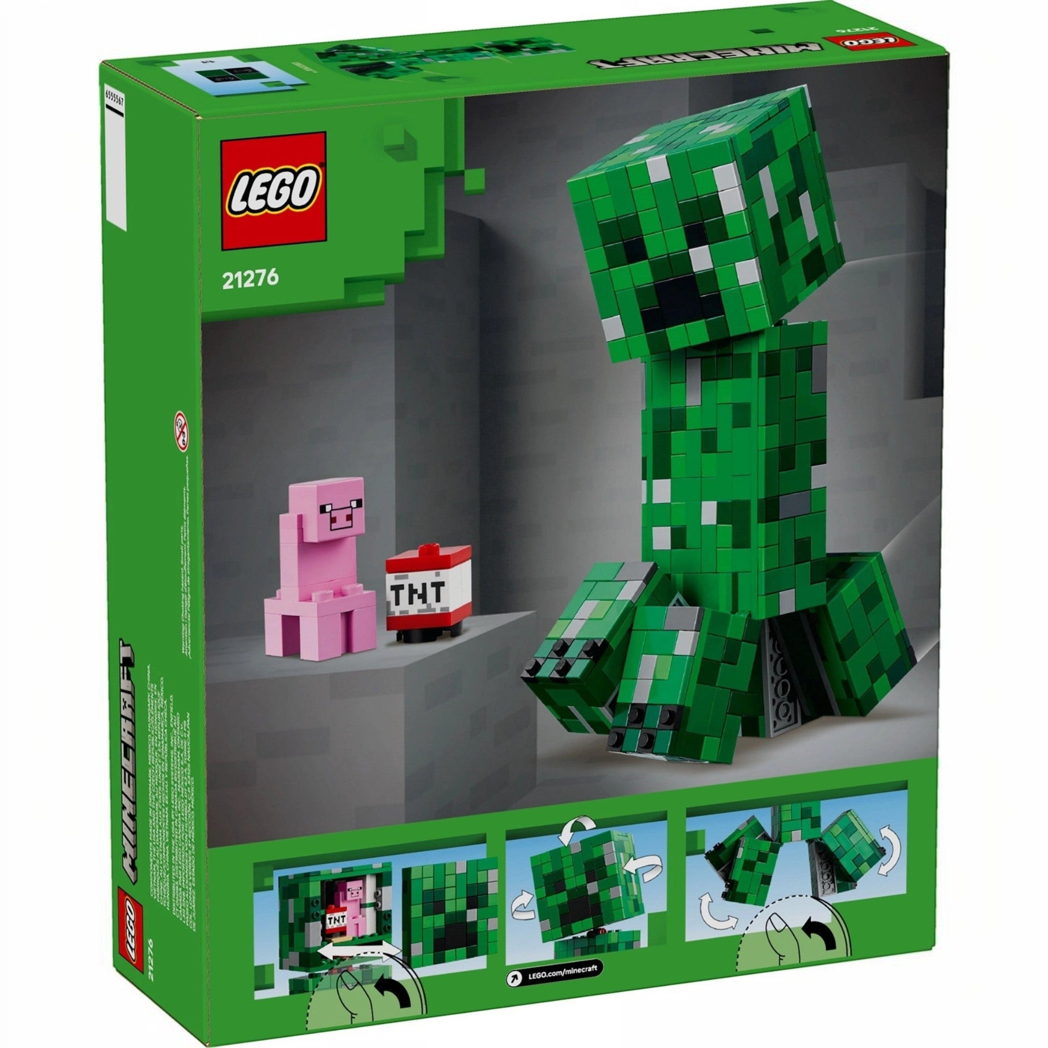 LEGO Minecraft Creeper figure in packaging with small pink pig and red TNT block.