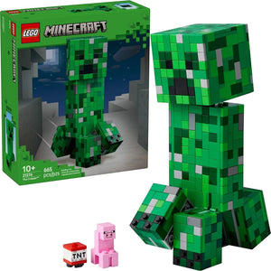 [box-set] LEGO Minecraft Creeper figure with packaging and small figures on a white background