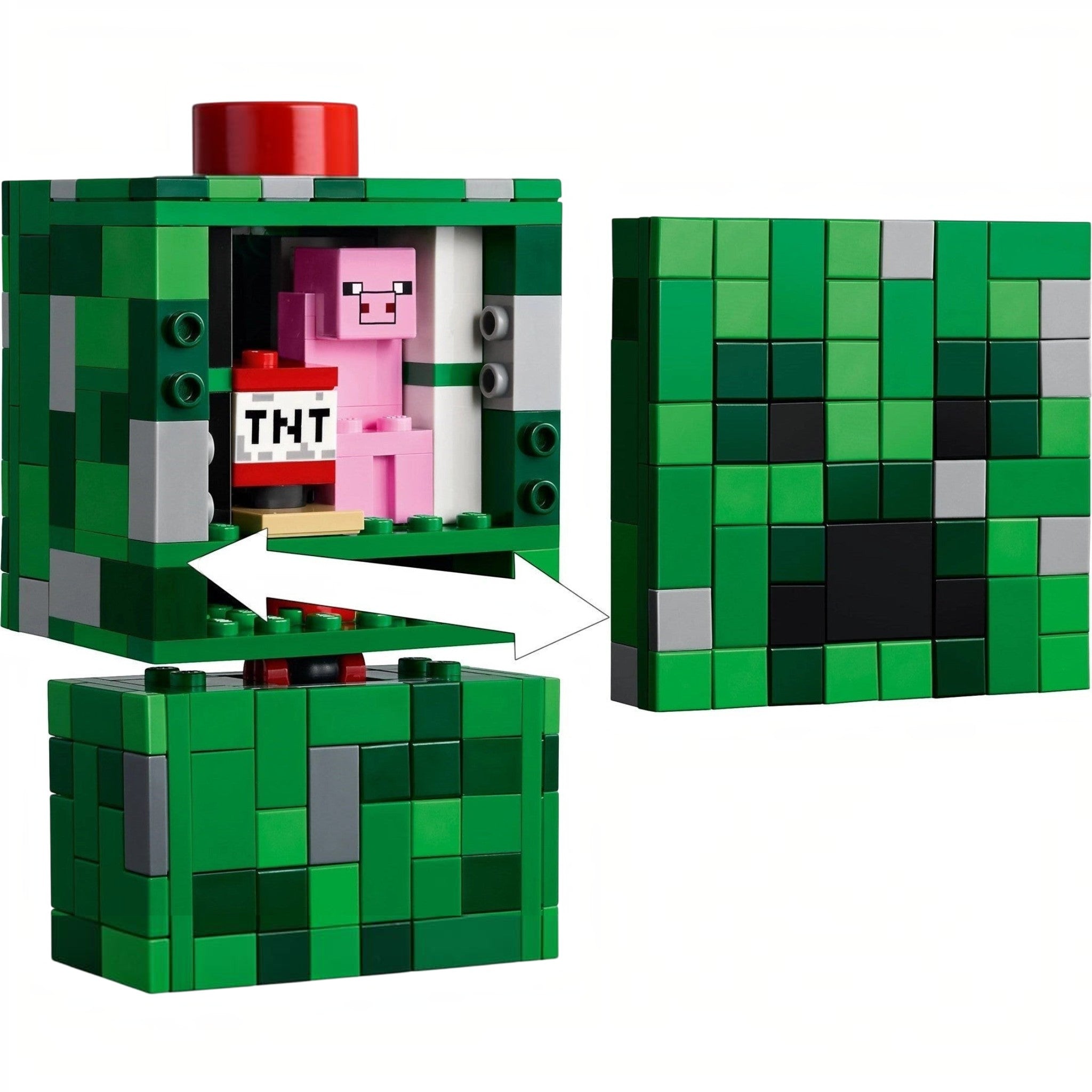 LEGO Minecraft creeper with TNT and pink pig inside, showing blocky design.