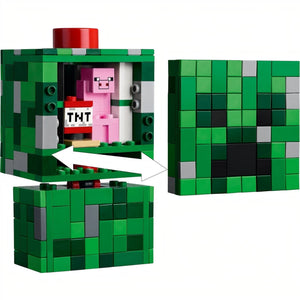 LEGO Minecraft creeper with TNT and pink pig inside, showing blocky design.