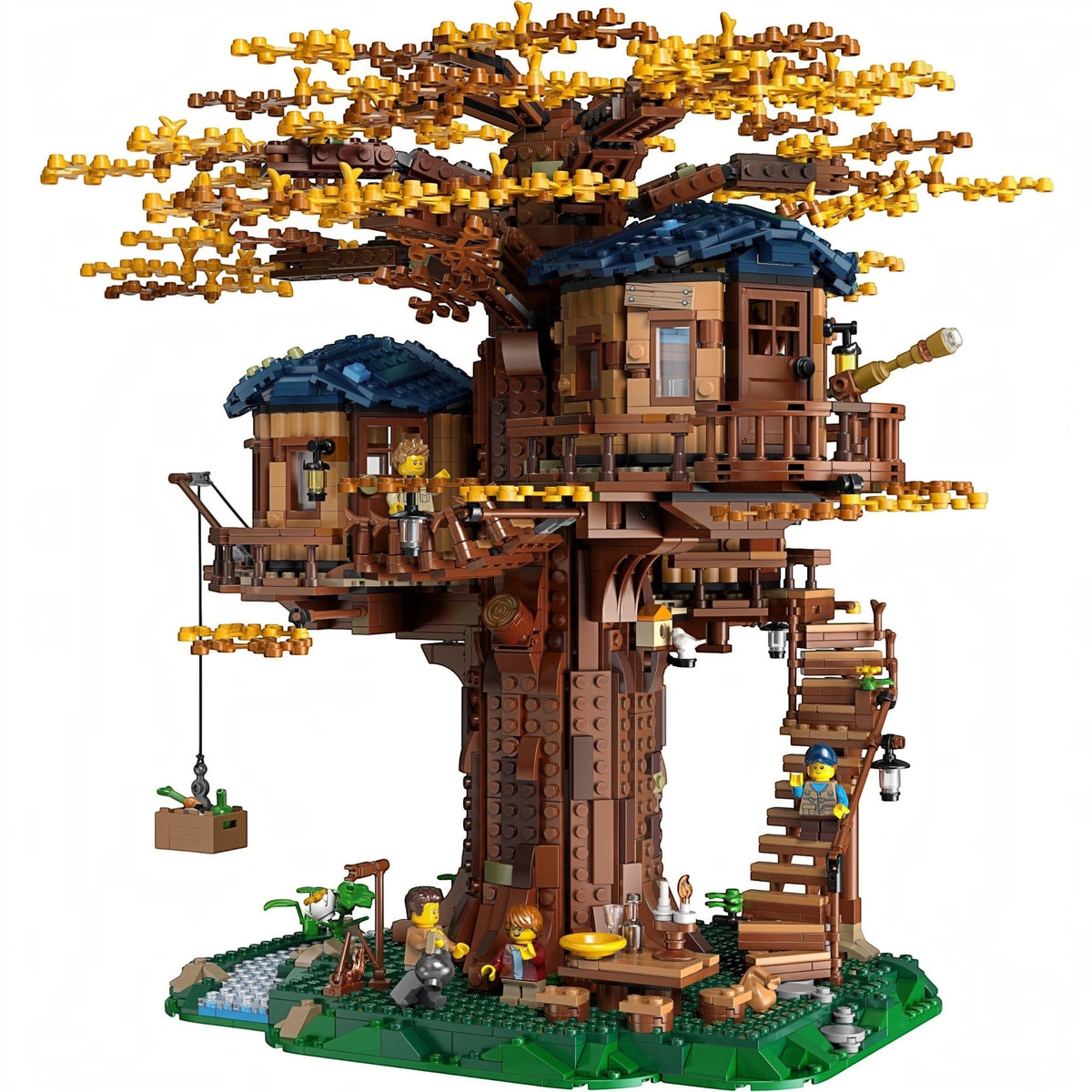[built-white] Toy treehouse with detailed architecture and small figures on a white background