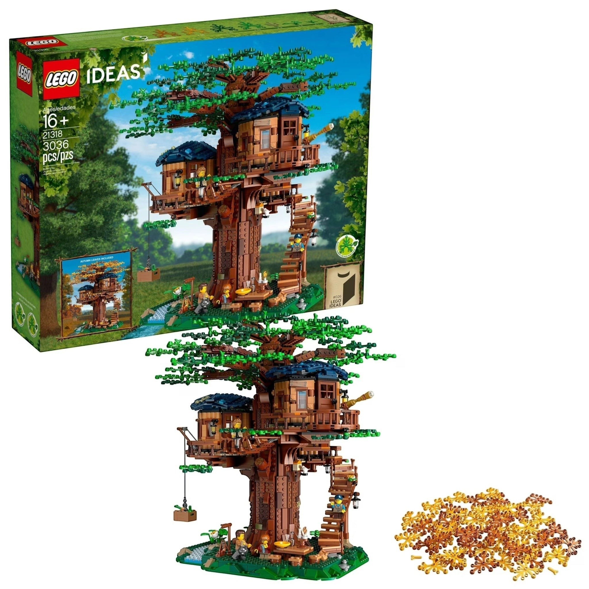 LEGO Ideas Tree House set with packaging and additional pieces on a white background