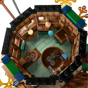 [built-detail] Top-down view of a LEGO model of a bar with various elements.