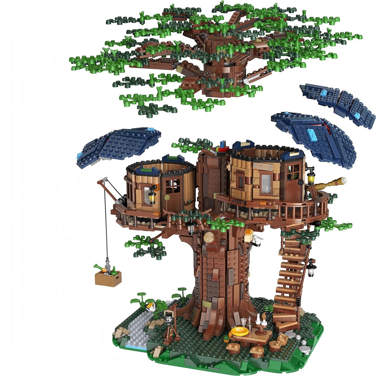 [built-detail] Treehouse model made from interlocking bricks with greenery on a white background