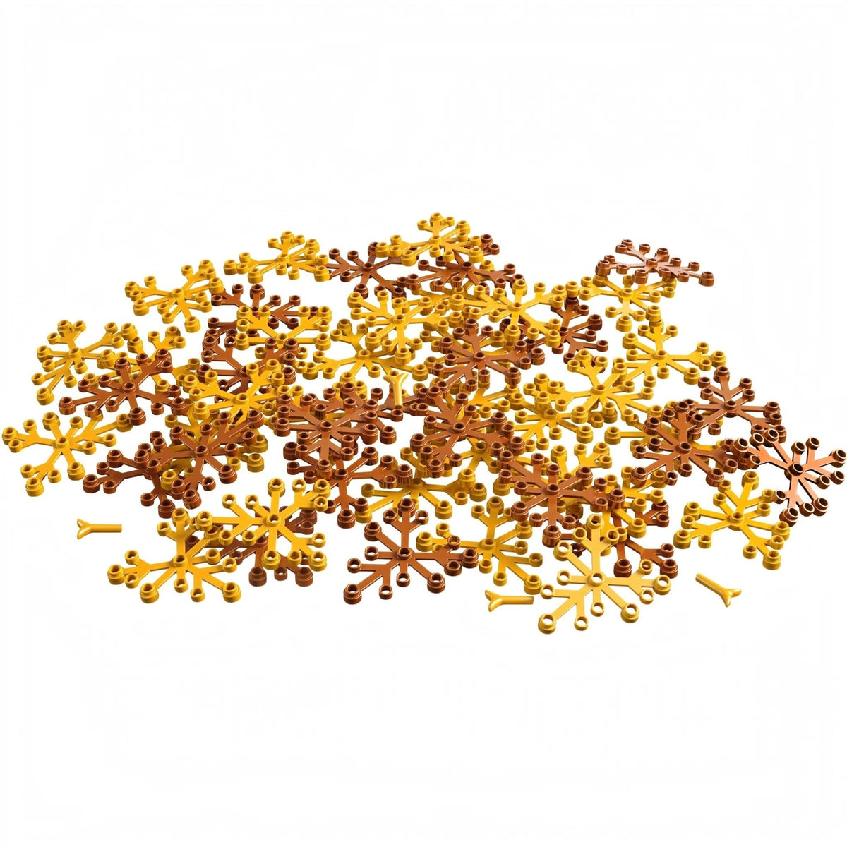 [parts] Collection of gold and bronze snowflake-shaped decorations on a white background