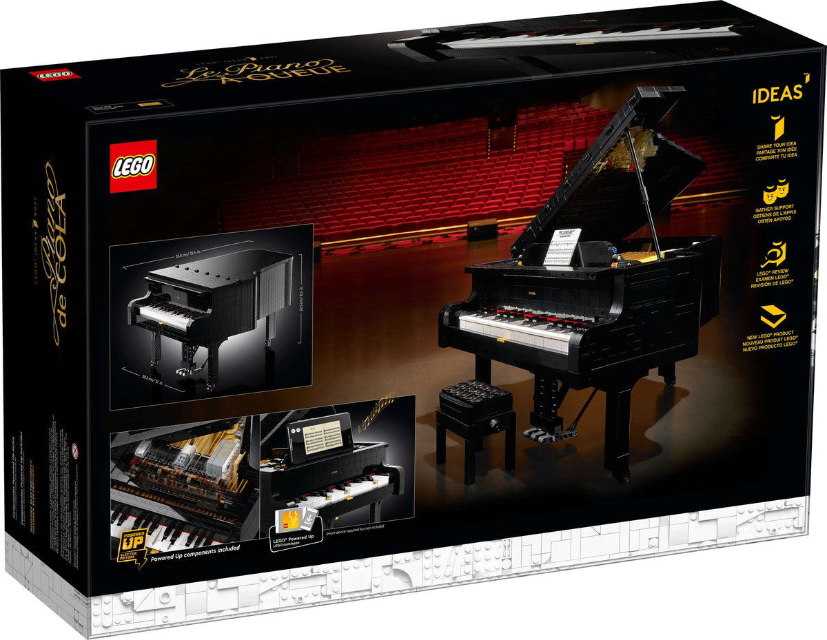 [box-back] A Brick Apart LEGO Ideas Grand Piano set box back featuring a black brick-built concert piano and adjustable bench on white background.