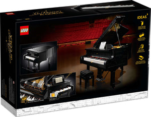 [box-back] A Brick Apart LEGO Ideas Grand Piano set box back featuring a black brick-built concert piano and adjustable bench on white background.