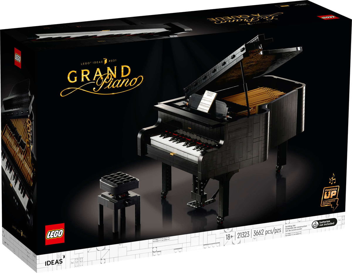 [box-front] A Brick Apart LEGO Ideas Grand Piano set box featuring a black brick-built concert piano and adjustable bench on white background.