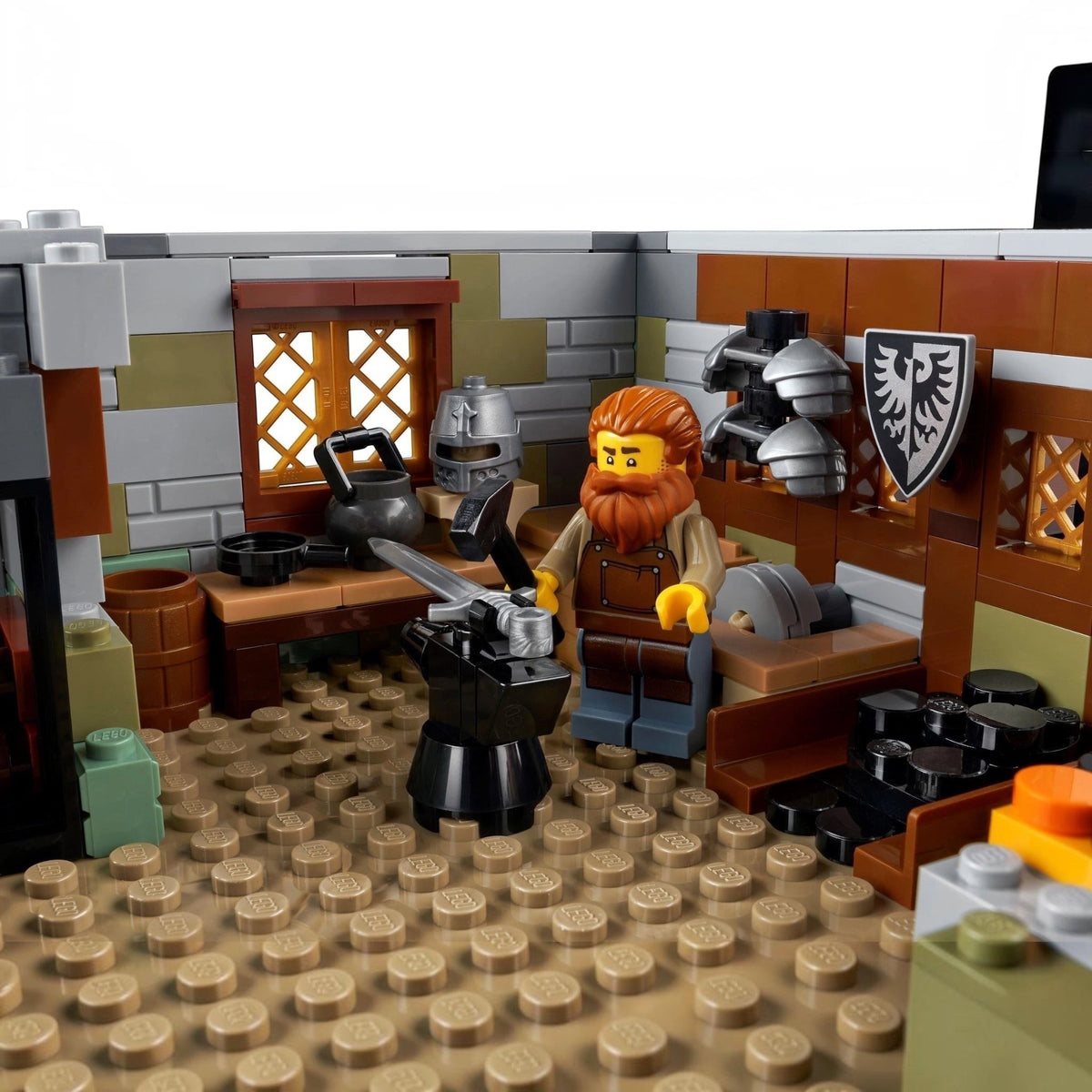 [built-detail] LEGO figure of a bearded man with armor in a kitchen setting