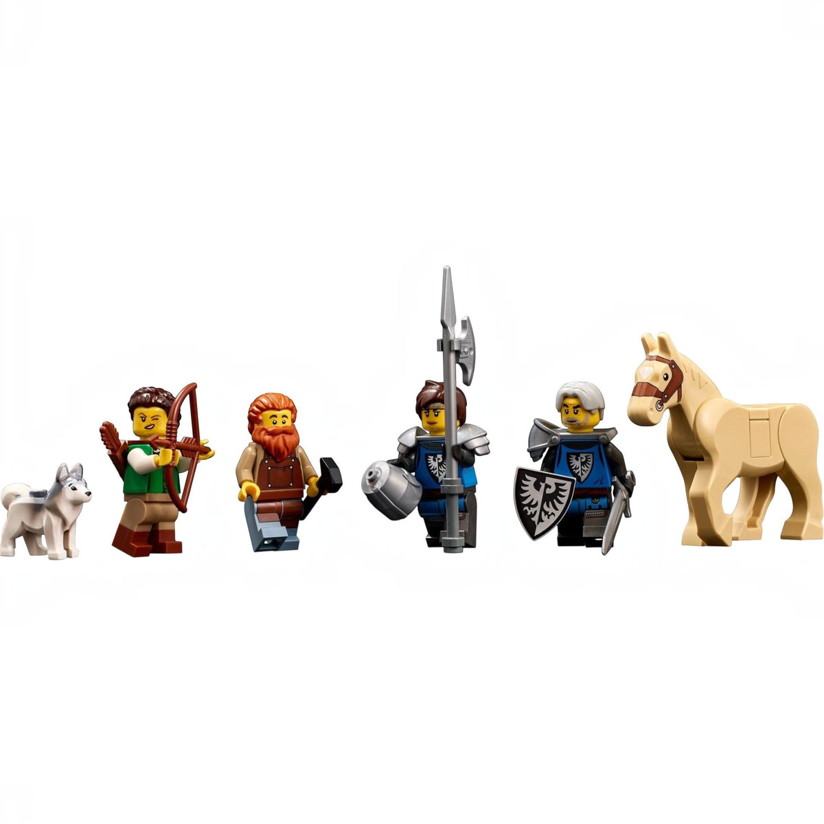 [minifig] Set of LEGO figurines including a warrior, archer, and horse on a white background