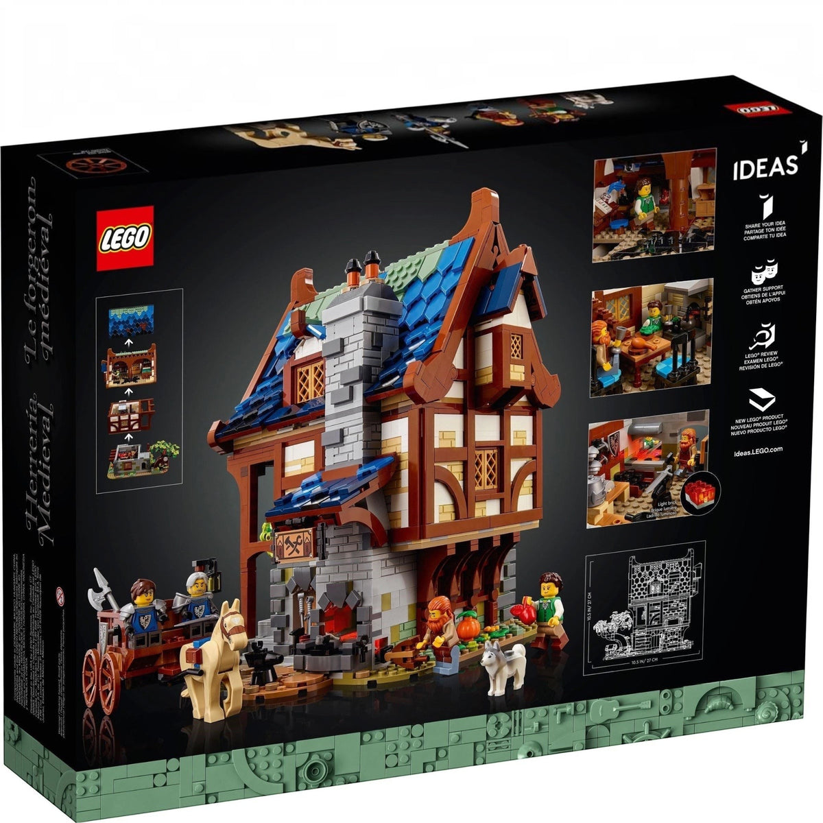 [box-front] LEGO Ideas medieval townhouse set packaging with figures and details.
