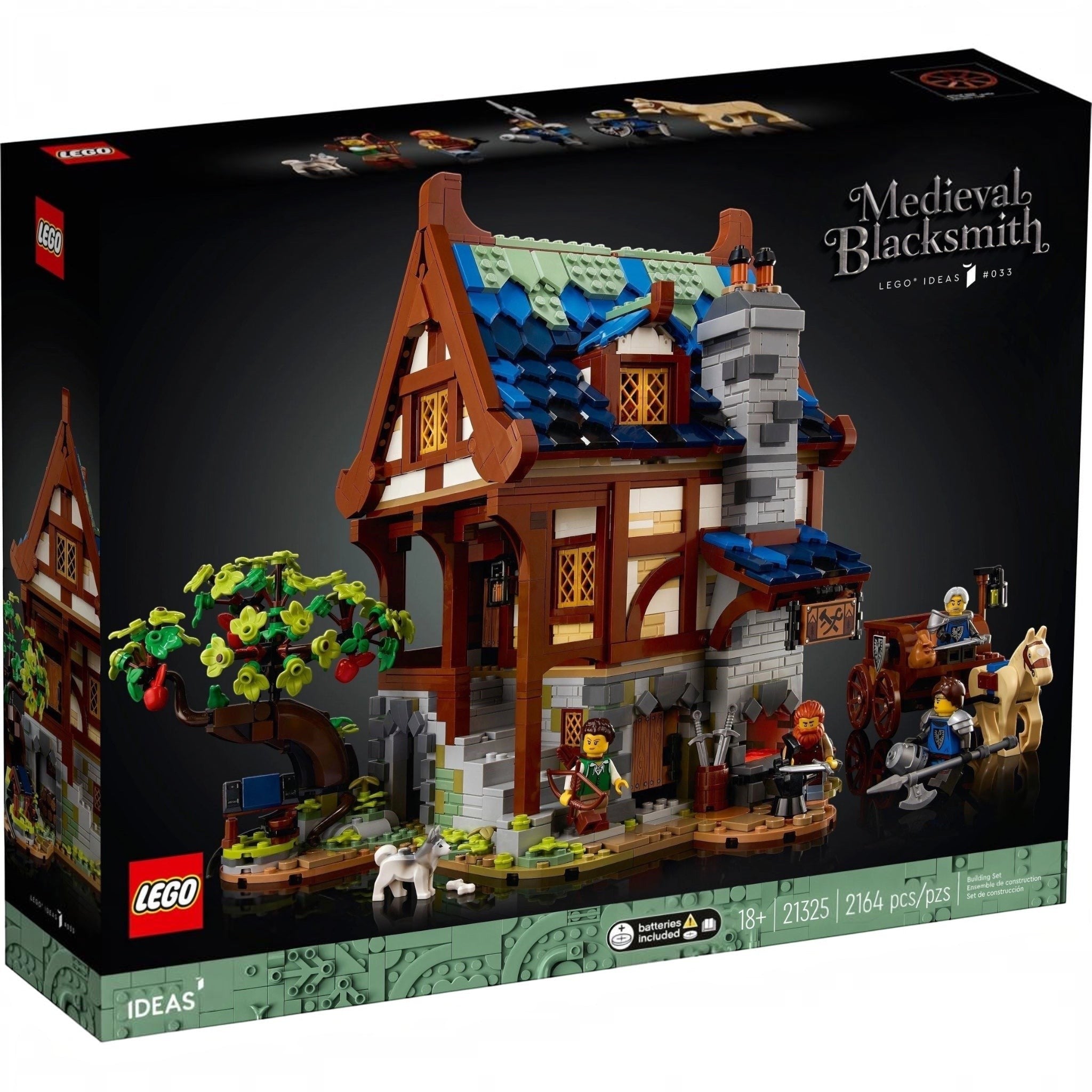 LEGO Medieval Blacksmith set packaging with detailed model and LEGO branding.