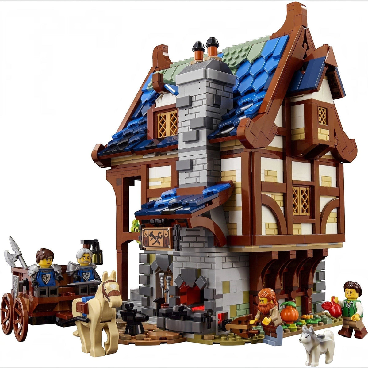 [built-white] LEGO model of a medieval-style house with characters and a cart on a white background
