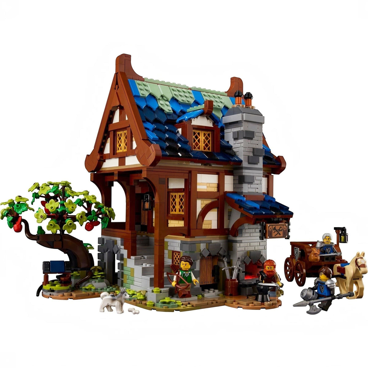 [box-back] Toy model of a medieval-style house with characters and a tree on a white background
