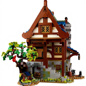 [built-angle] Toy house model made from interlocking bricks on a white background