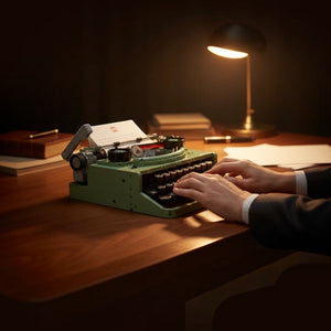 Person typing on a vintage green typewriter at a desk with a warm light.