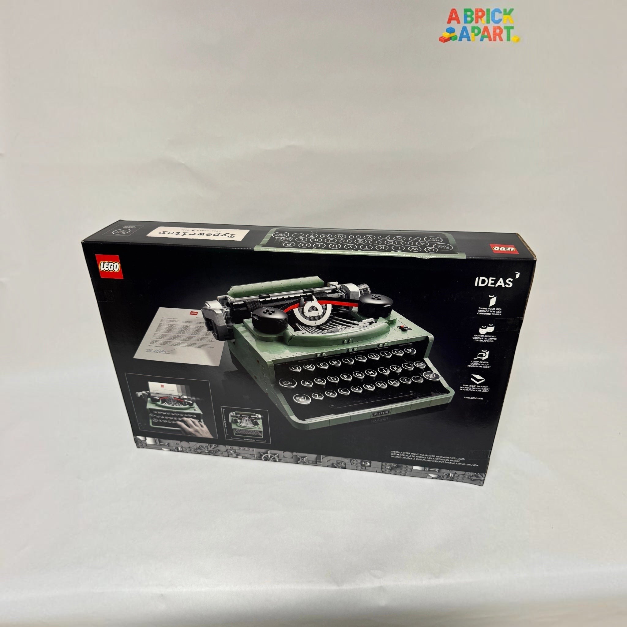 LEGO Ideas typewriter set packaging on a white background