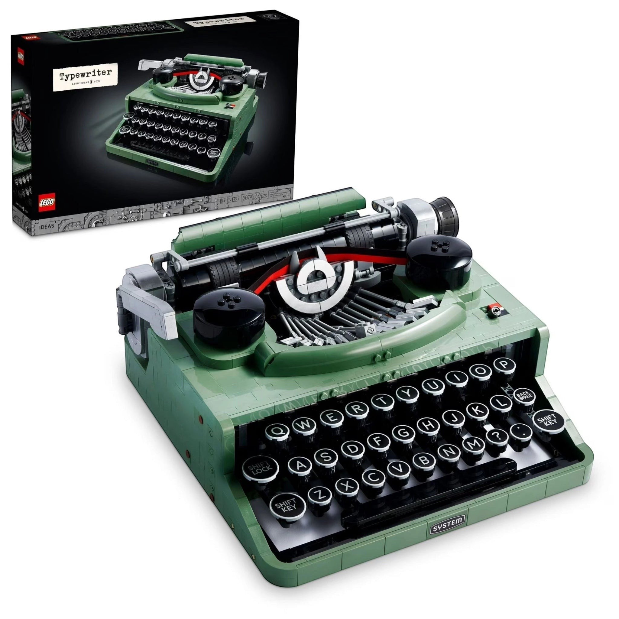 Green typewriter model with open lid showing internal components, displayed against a white background.