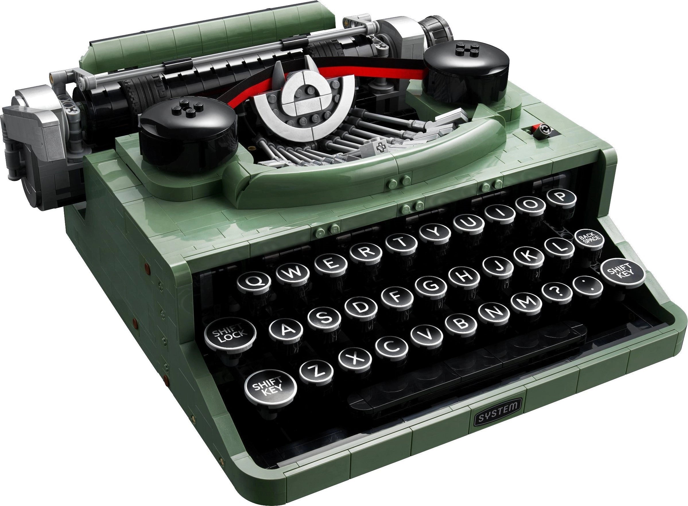 Green typewriter with visible mechanism on a white background