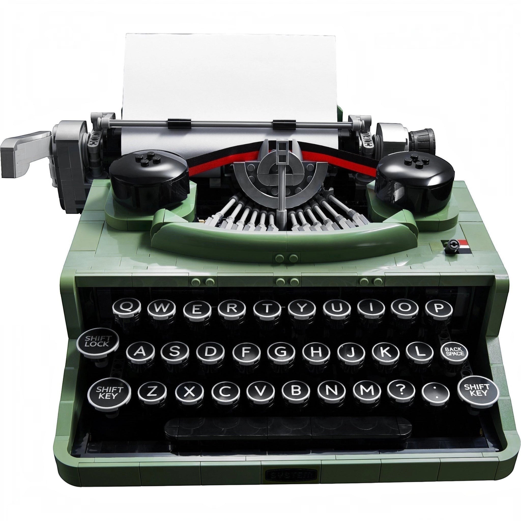 Green typewriter with visible keys on a white background