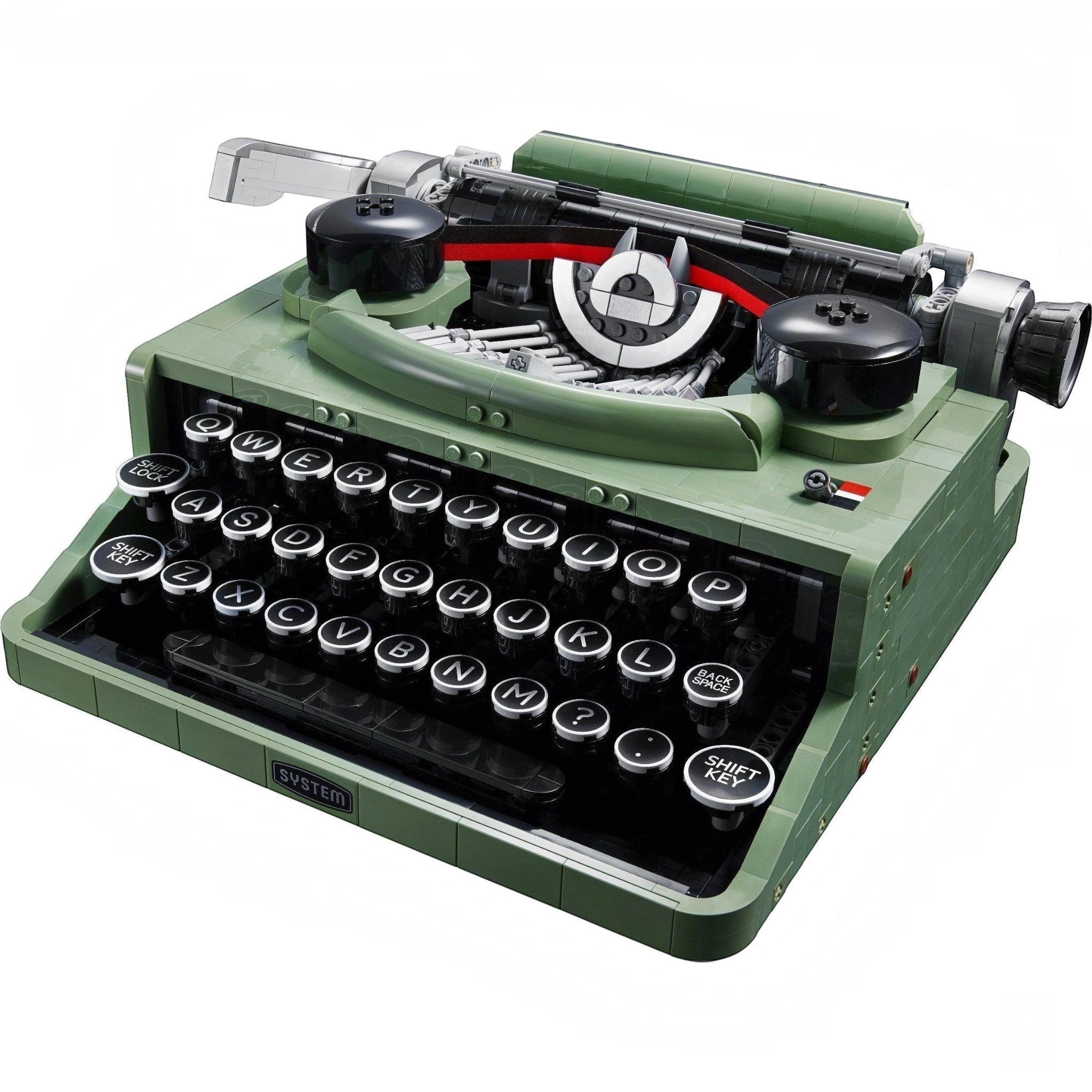 Green typewriter with black keys on a white background