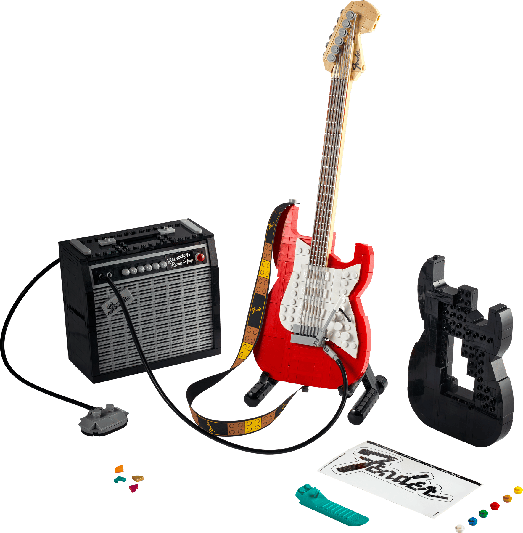 LEGO Fender Stratocaster guitar set with amplifier, stand, and accessories on a clear background