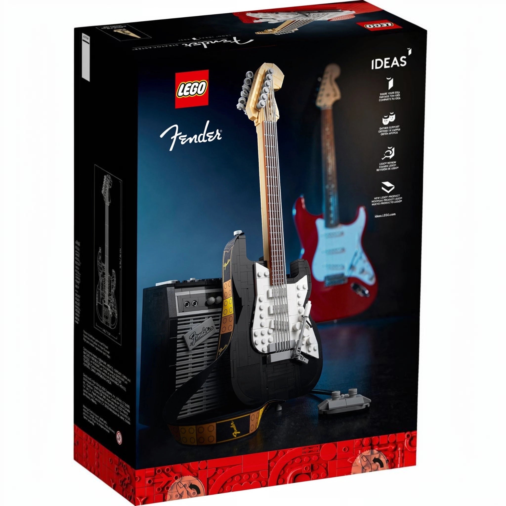 LEGO Fender guitar set packaging with guitar and amplifier model.