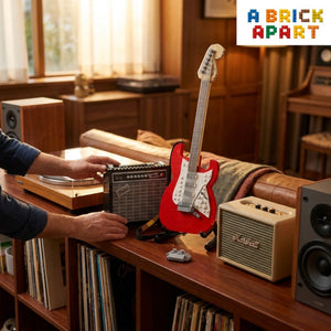 Person interacting with a vintage radio and amplifier on a wooden shelf with a guitar and records.