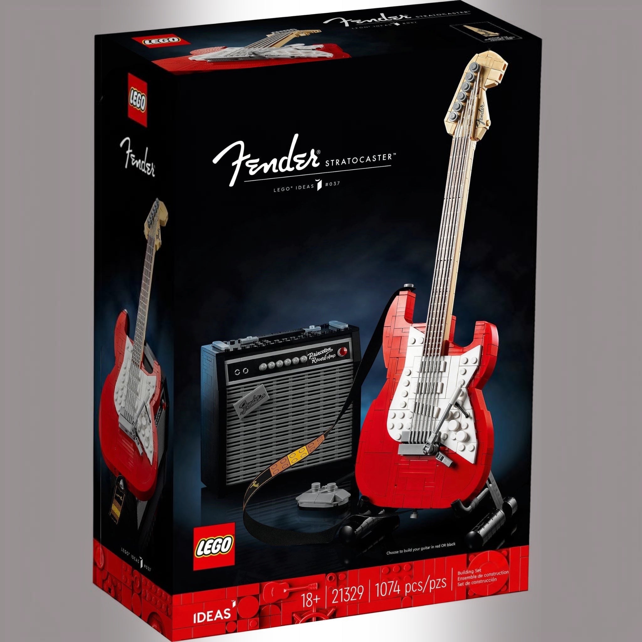 LEGO Fender Stratocaster set packaging with guitar and amplifier model.