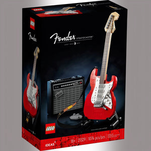 LEGO Fender Stratocaster set packaging with guitar and amplifier model.