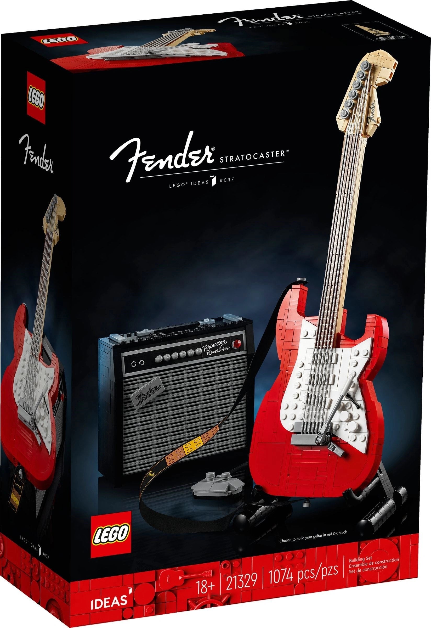 LEGO Fender Stratocaster set packaging with guitar and amplifier model.
