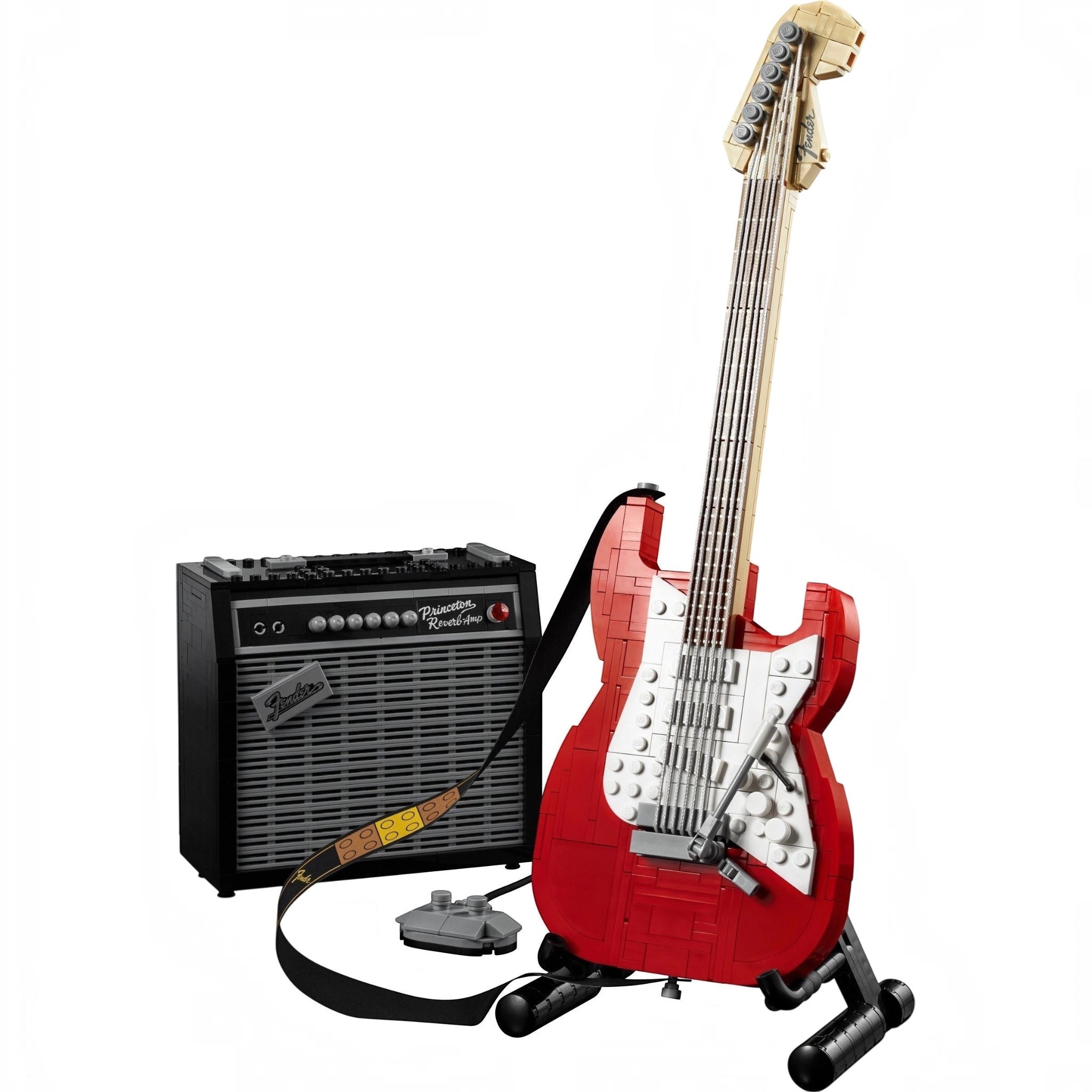 LEGO guitar and amplifier set on a white background