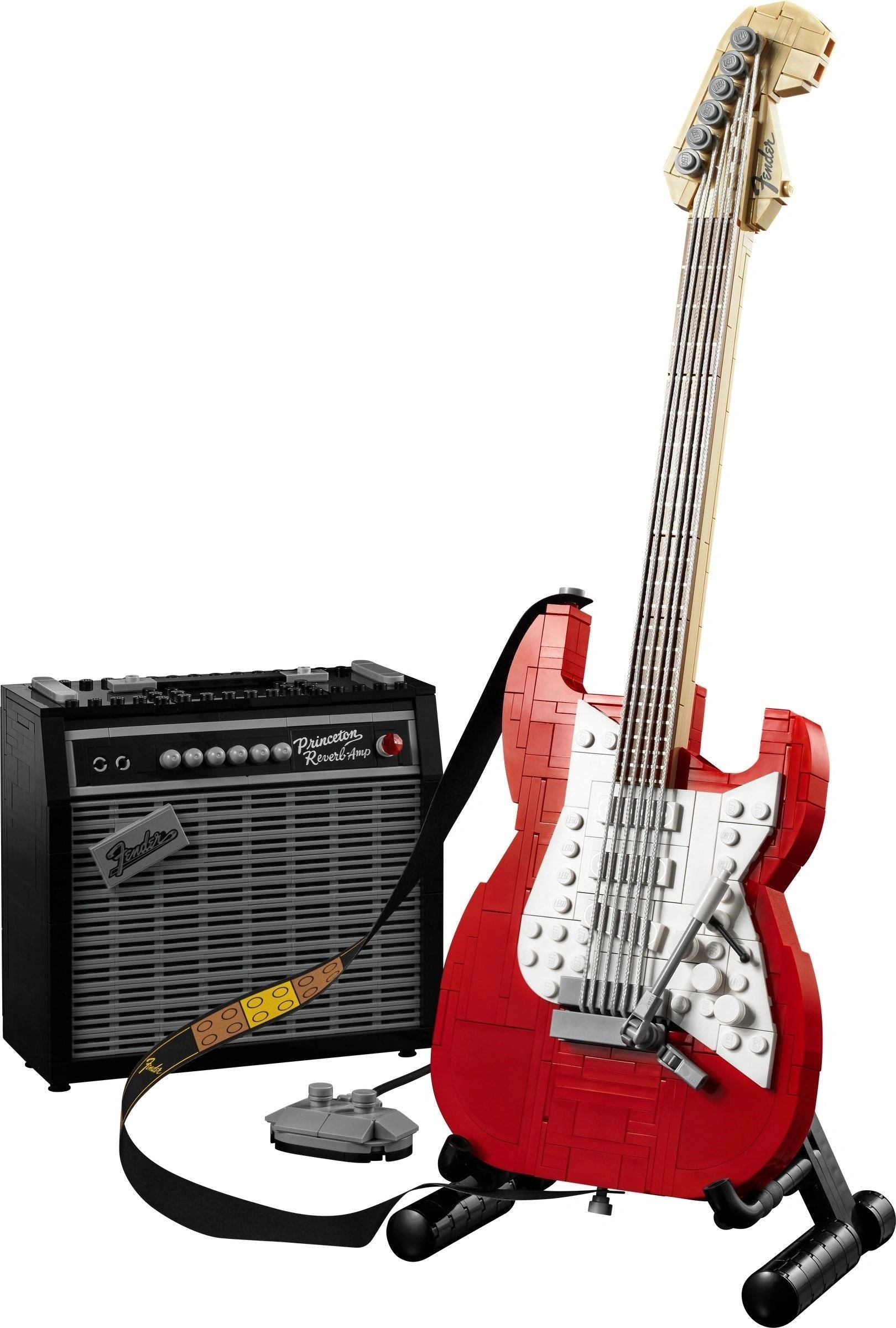 LEGO guitar and amplifier set on a white background