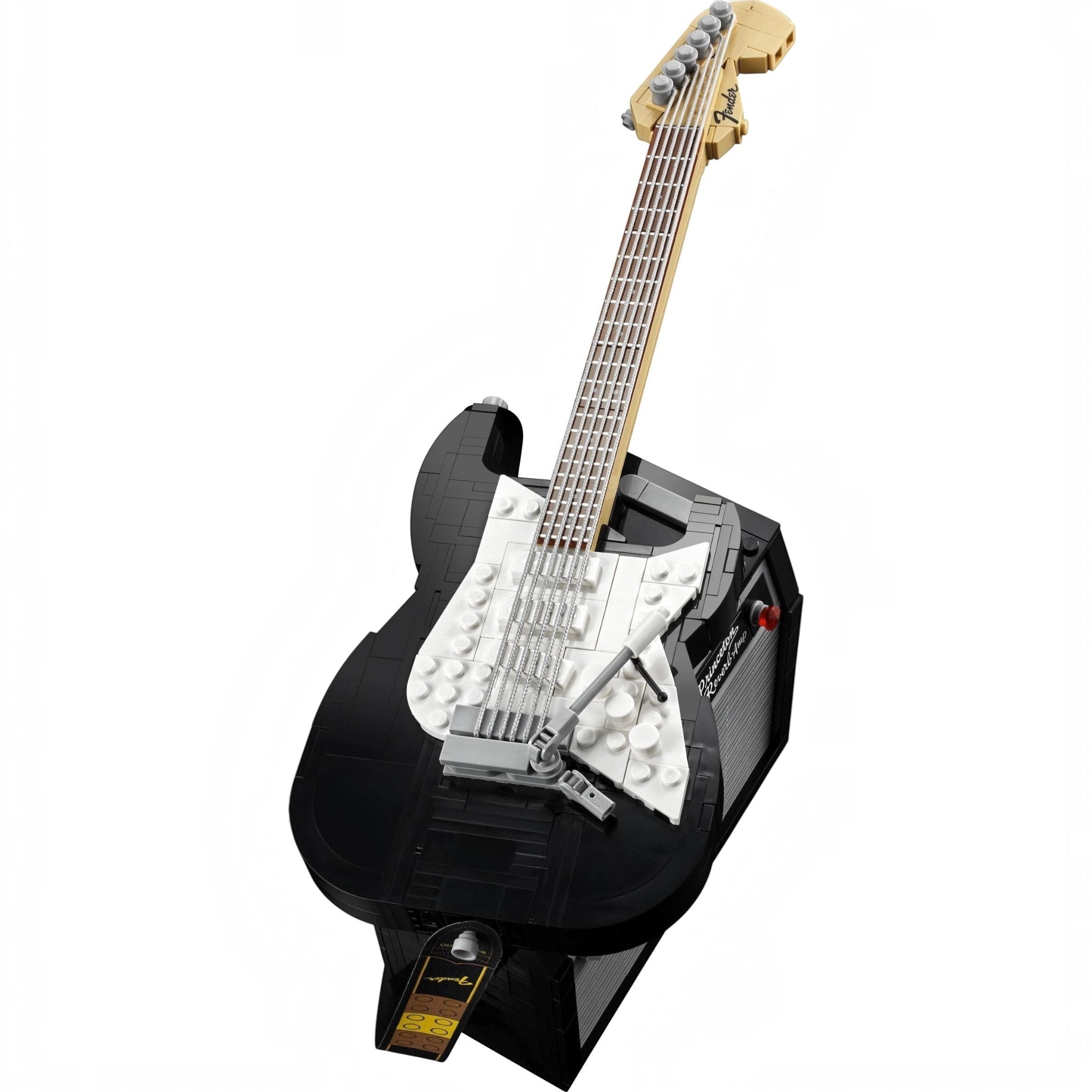 Black electric guitar model made of interlocking bricks on a white background
