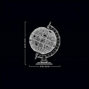 Technical drawing of a spherical object with dimensions on a black background