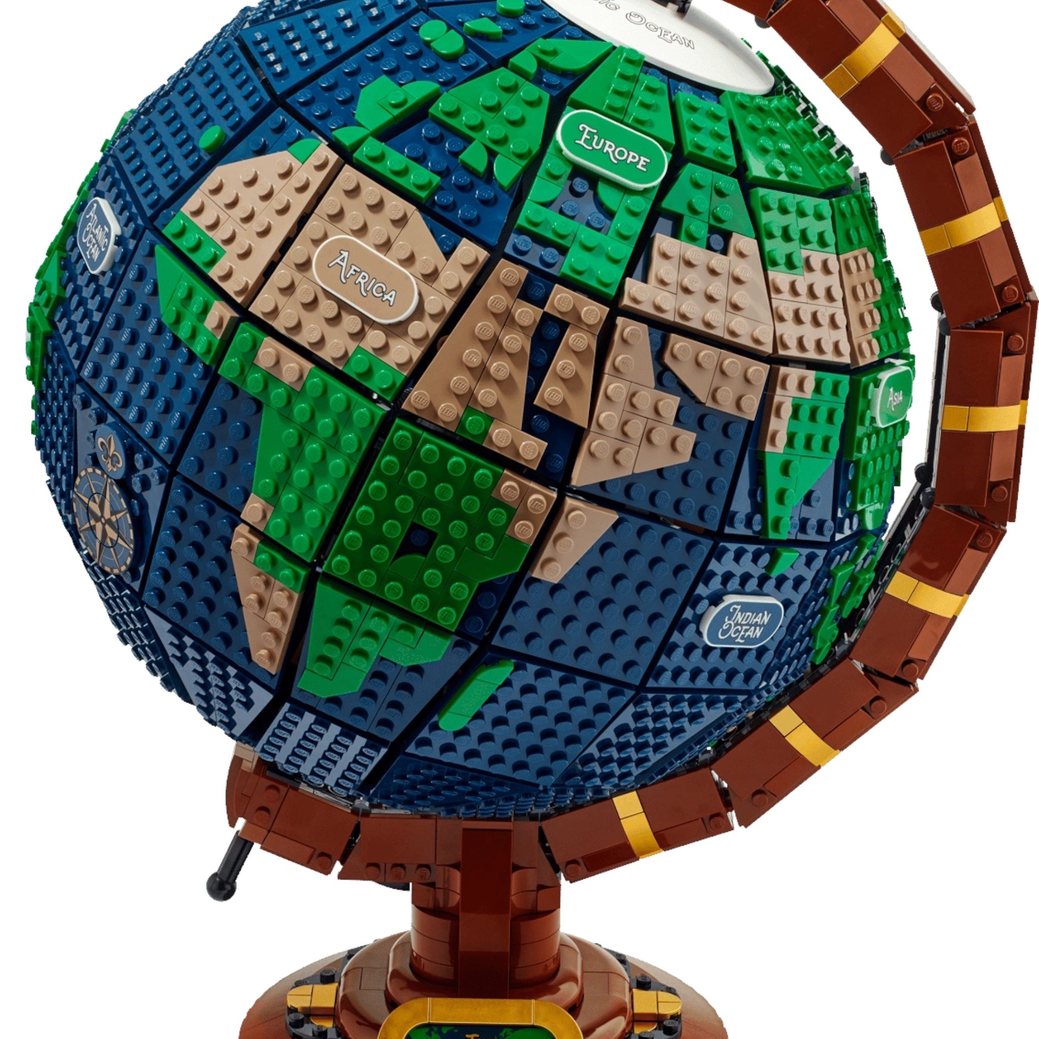 Model of a globe made from interlocking bricks on a transparent background