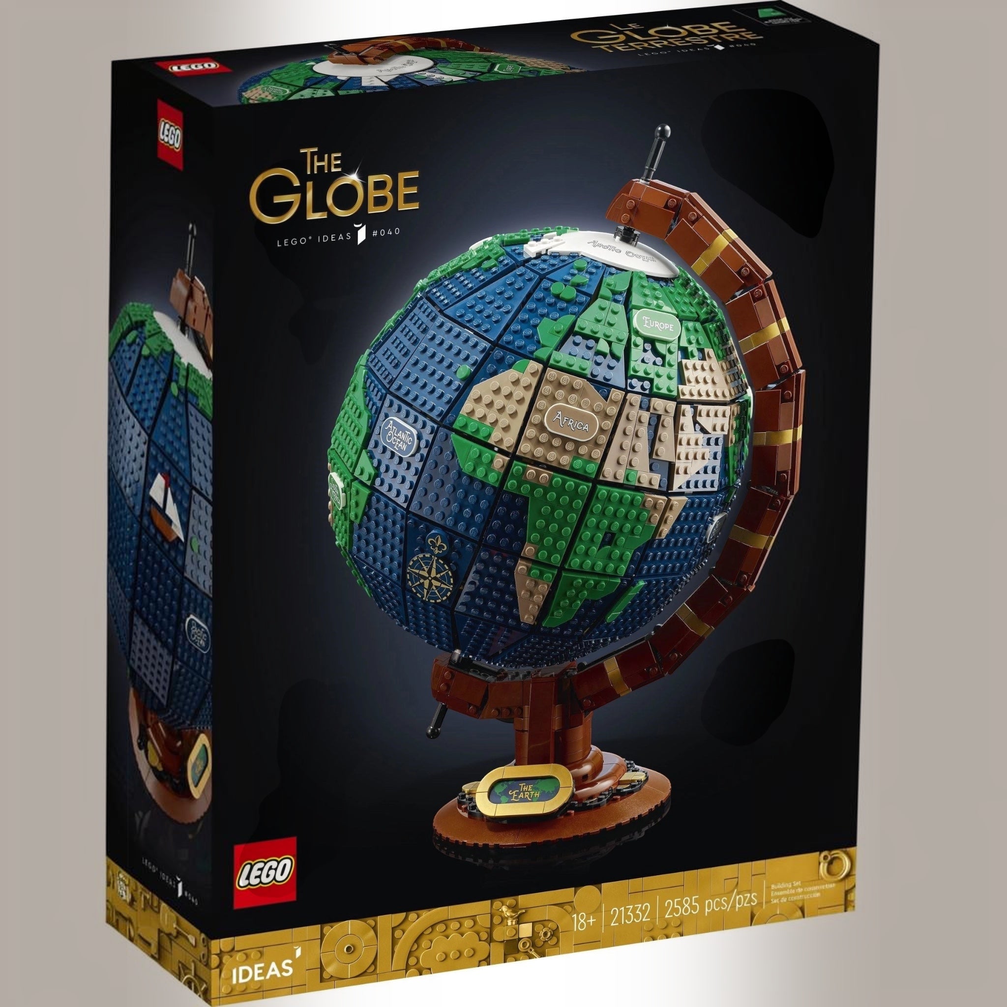 LEGO Globe set packaging with detailed world map design on a black background