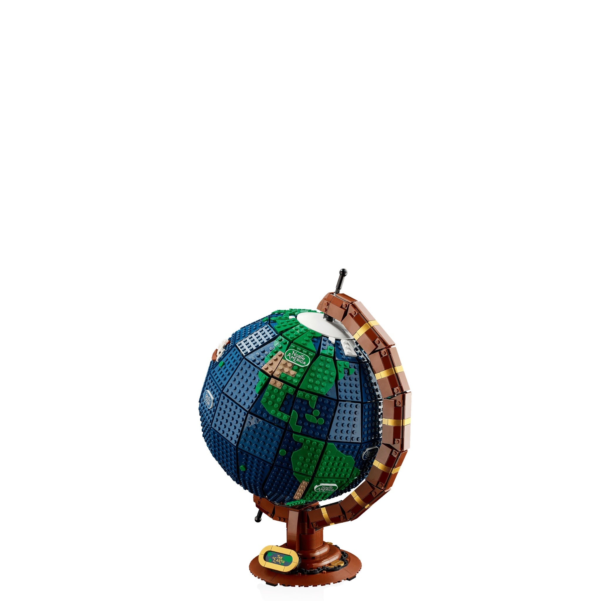 Globe model made from interlocking bricks on a white background