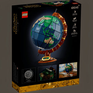 LEGO globe set packaging with Earth model on a black background