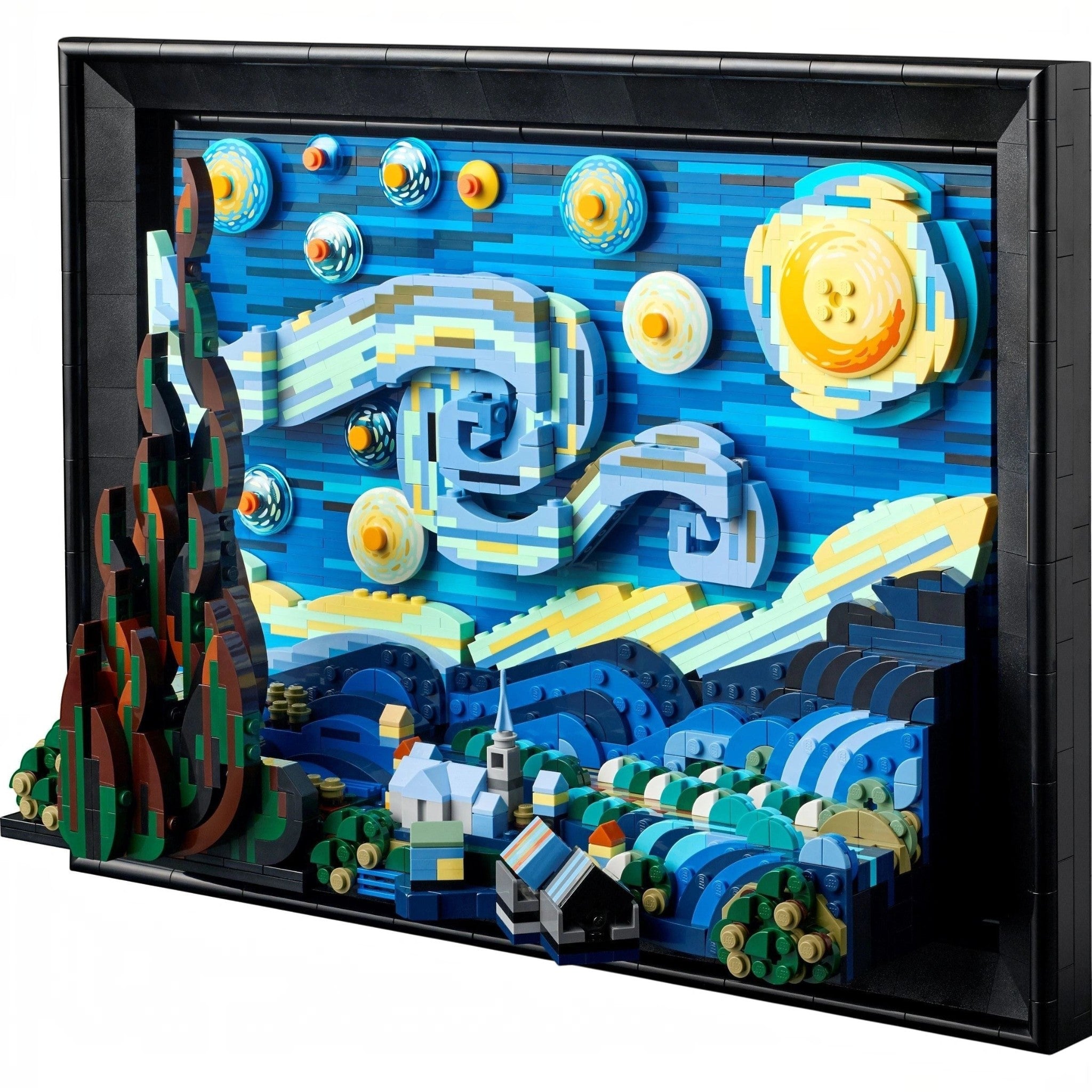 Artistic representation of a landscape with abstract elements in a black frame