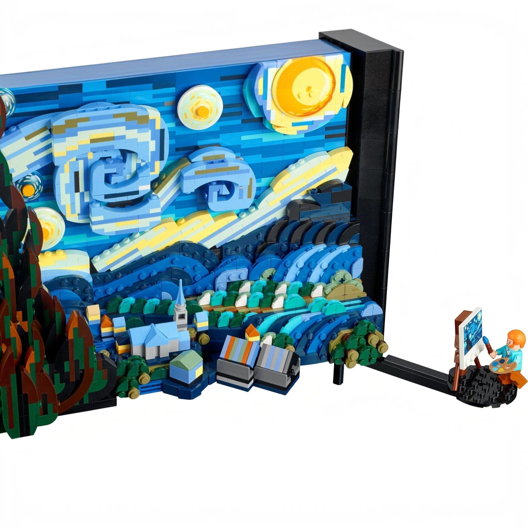 LEGO model of 'Starry Night' by Van Gogh with detailed landscape and figures.