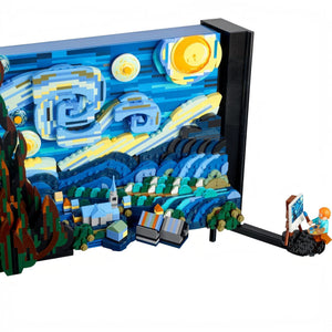 LEGO model of 'Starry Night' by Van Gogh with detailed landscape and figures.