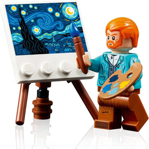 LEGO figure of an artist painting 'The Starry Night' with a LEGO easel and palette.