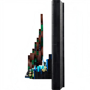 LEGO model of a tall, narrow structure with a castle-like design on a white background