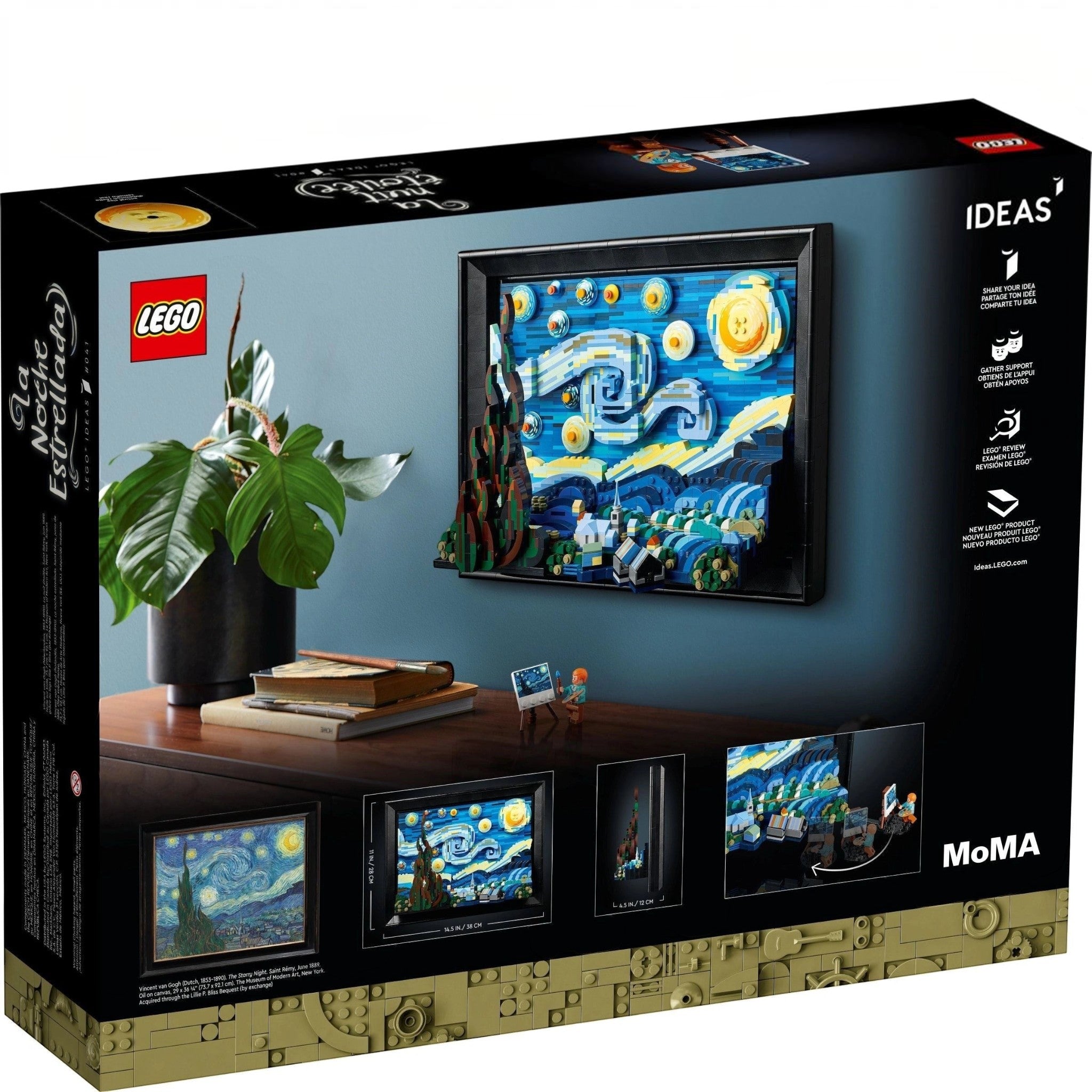 LEGO Ideas Van Gogh Star Night set packaging with a model of the painting displayed.